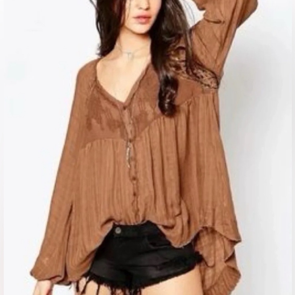 Free People Brown Boho White Lies Raw Hem Blouse XS NWT